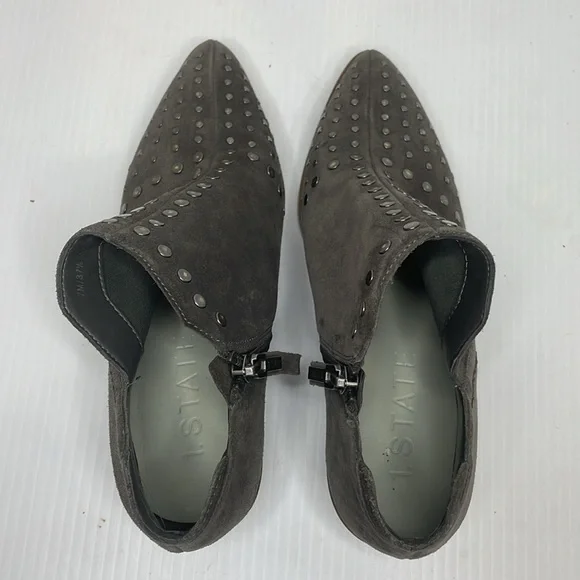 1. State Loka Women’s Sz 7 Suede Studded Ankle Bootie Almond Toe Block Heel Gray - Picture 4 of 9